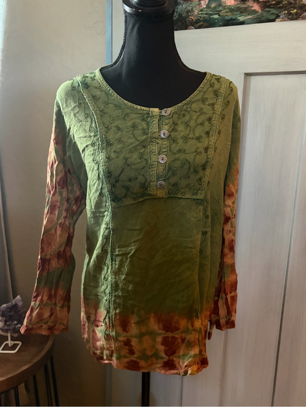 Studio West Green Embroidered Button-Front Tie-Dye Tunic
